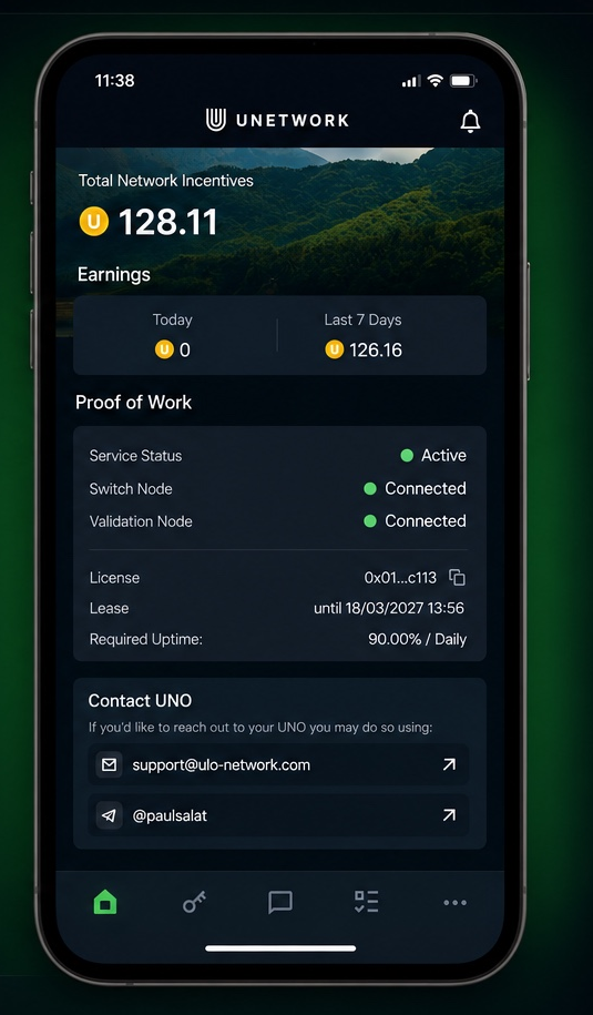 Real Unetwork dashboard showing 128.11 total network incentives and active connected services